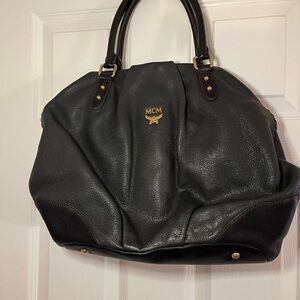 MCM Black Leather Tote with Gold Details & oxblood stitching